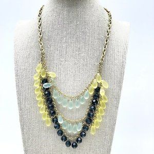 Lia Sophia Signed Black Green Yellow Beaded Necklace Gold Tone Boho Festival